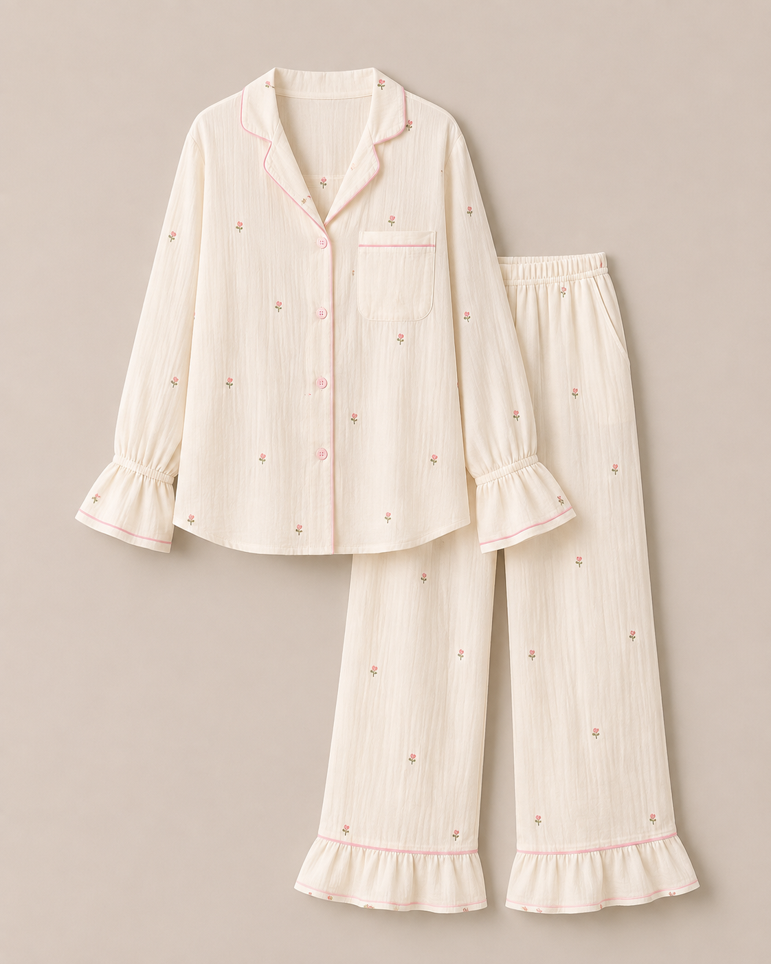 Pyjama Flora RHITOU, ensemble en gaze de coton écru brodé de pétales de rose