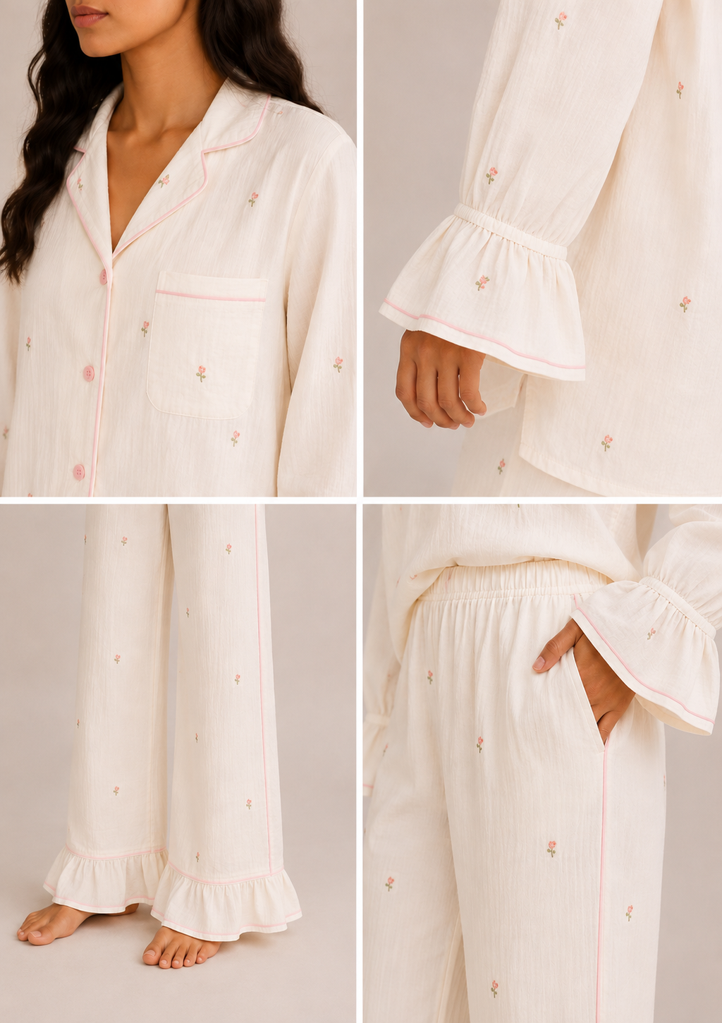 Pyjama Flora RHITOU en gaze de coton écru, liseré rose contrastant