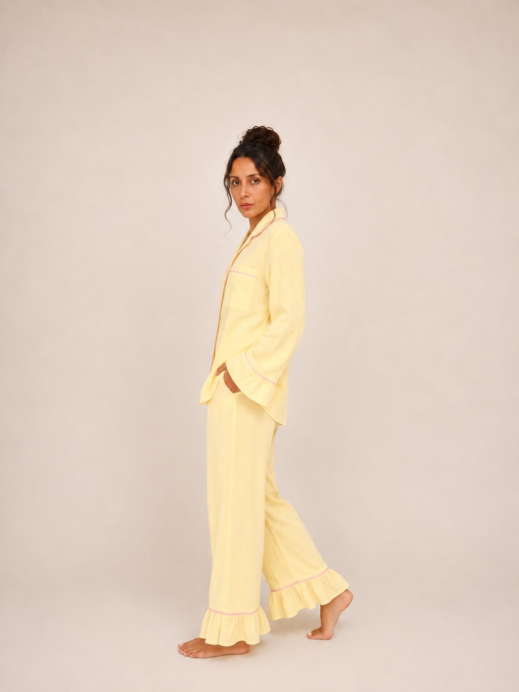 Pyjama Lemon Kiss RHITOU, ensemble en gaze de coton jaune à biais rose