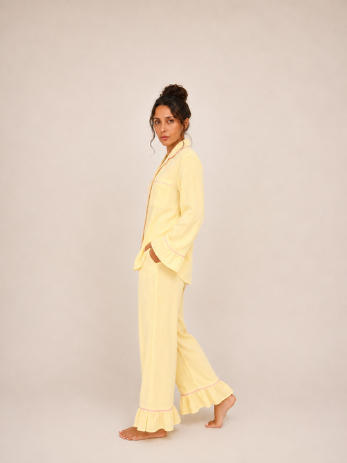 Pyjama Lemon Kiss RHITOU, ensemble en gaze de coton jaune à biais rose