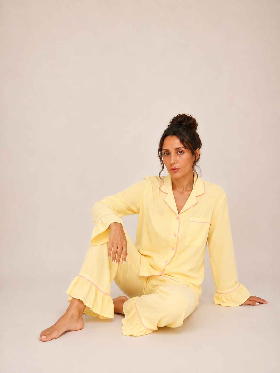Pyjama Lemon Kiss RHITOU en gaze de coton, biais rose contrastant