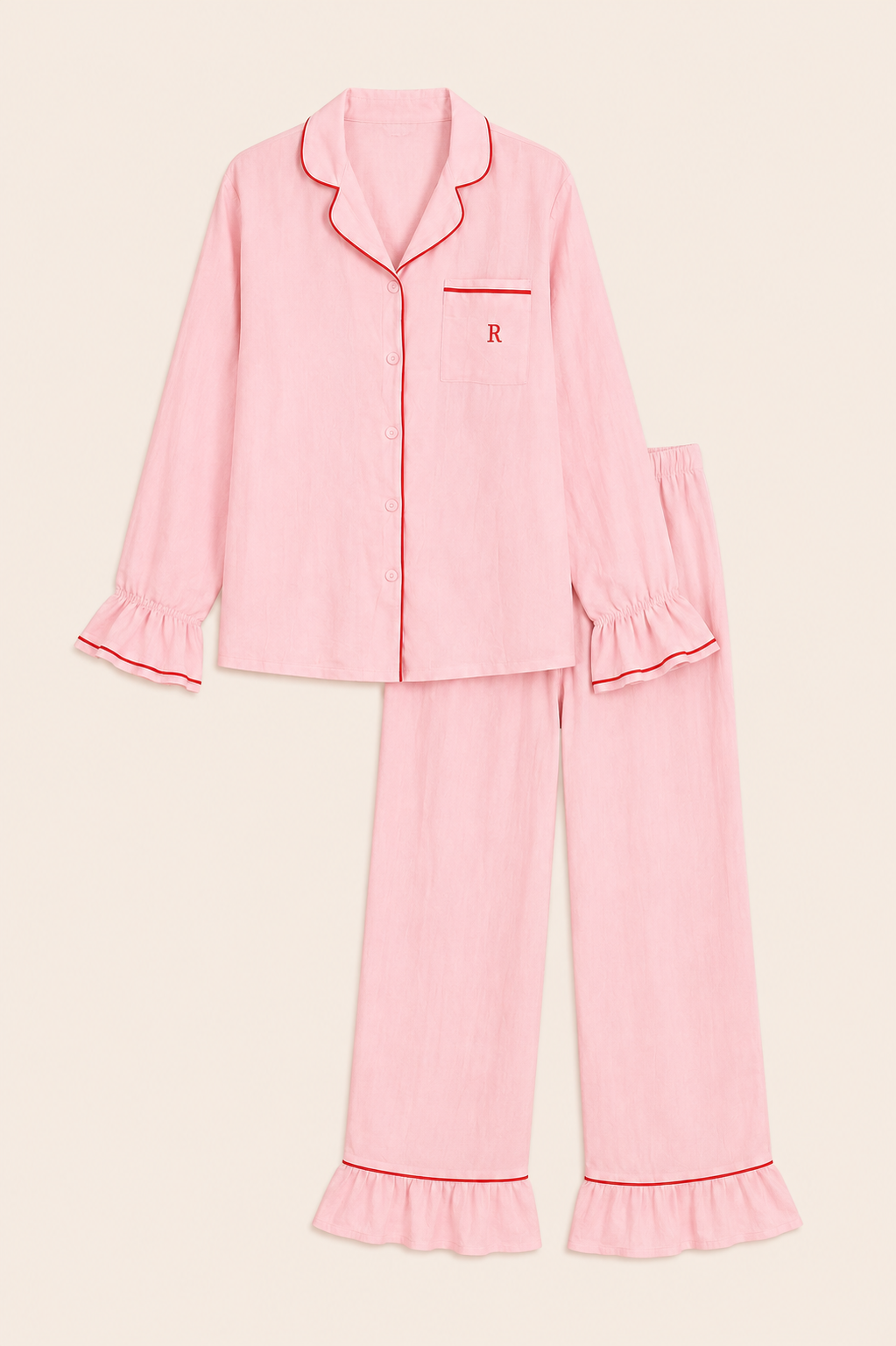 Pyjama Petite Rose en Gaze de Coton – Liseré Rouge Monogrammé