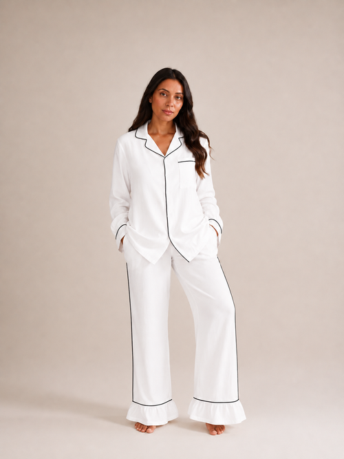 Pyjama Orchidée RHITOU en gaze de coton blanche à biais noir