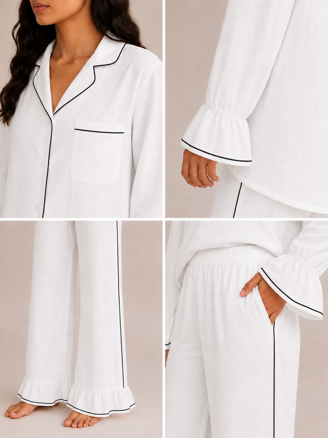 Pyjama Orchidée RHITOU, gaze de coton blanche et finitions noires
