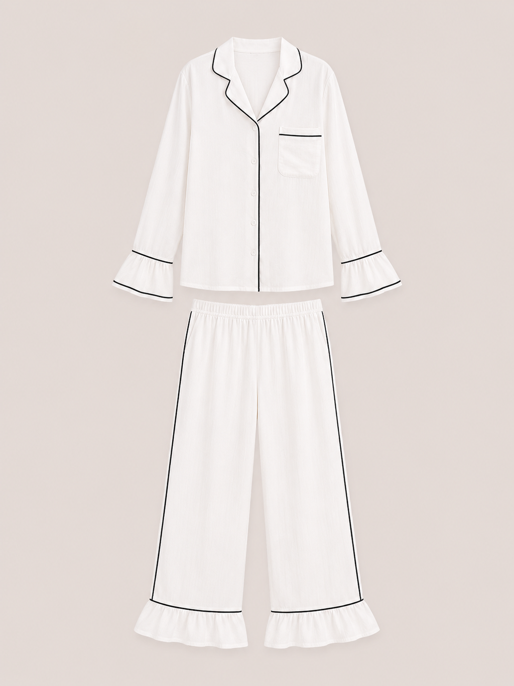 Ensemble pyjama Orchidée blanc à biais noir, chemise et pantalon