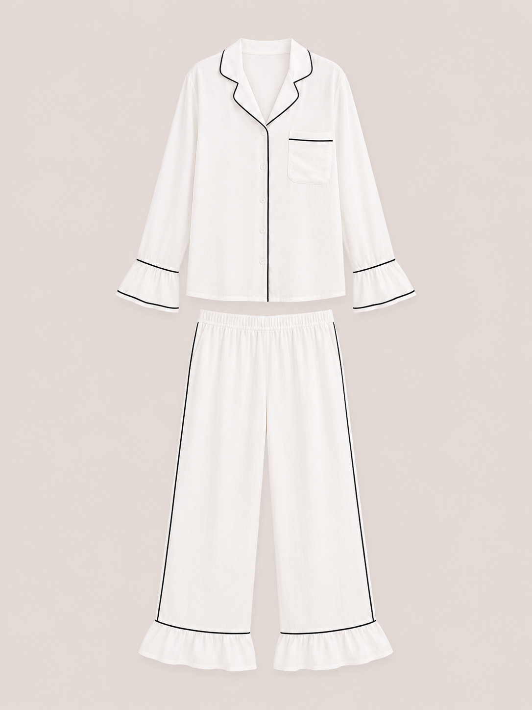 Ensemble pyjama Orchidée blanc à biais noir, chemise et pantalon