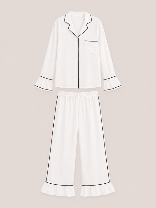 Ensemble pyjama Orchidée blanc à biais noir, chemise et pantalon